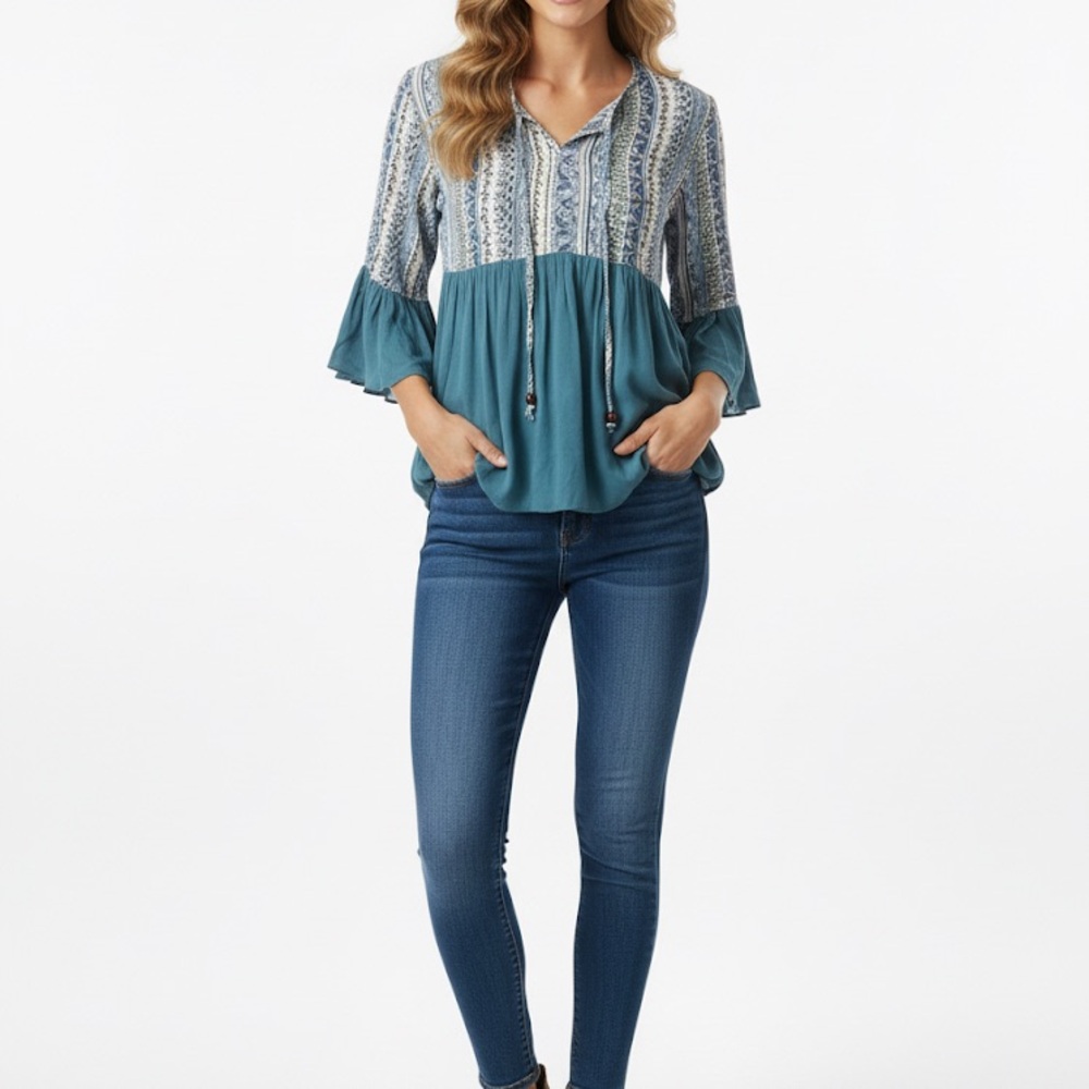easel Teal and White Patterned Peasant Blouse